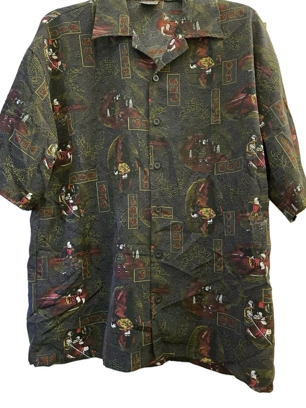 Y2K Authentic Shaolin Shirt Asian Samurai Allover Graphic Button Down Men's Sz M